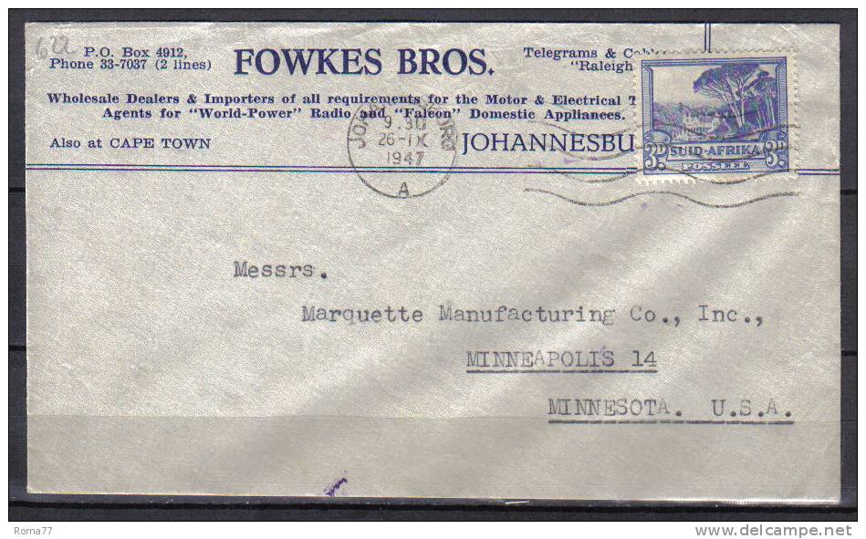 TR622 - SOUTH AFRICA , Lettera Del 26/9/1947 . - Andere & Zonder Classificatie