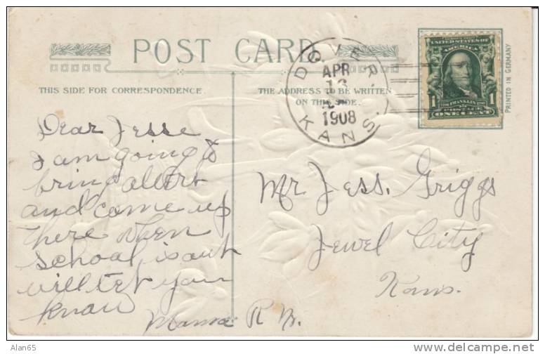 Dover Kansas (Shawnee County) Doane Type 2 Cancel, 13 April 1908 On Postcard - Postal History