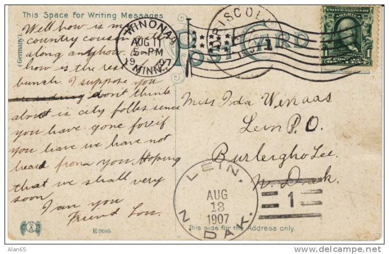 Winona MN Levee Park, Lein ND North Dakota DPO-2 Doane Postmark Receiving Cancel On 1900s Vintage Postcard - Sonstige & Ohne Zuordnung