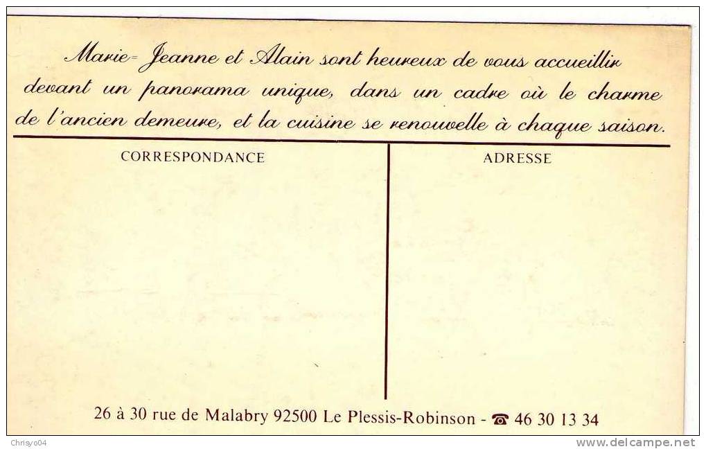 "" 92 LE PLESSIS ROBINSON REPRO AU VERSO PUBLICITE RESTAURANT CHEZ MARIE JEANNE ET ALAIN - Autres & Non Classés