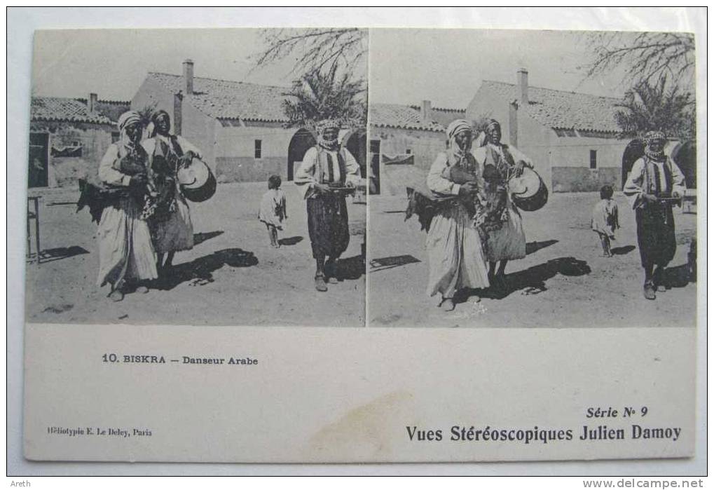 Algérie - BISKRA -Danseur Arabe - Vue Stéréoscopique Julien Damoy Série N°9 - Recto / Verso - Stereoscope Cards