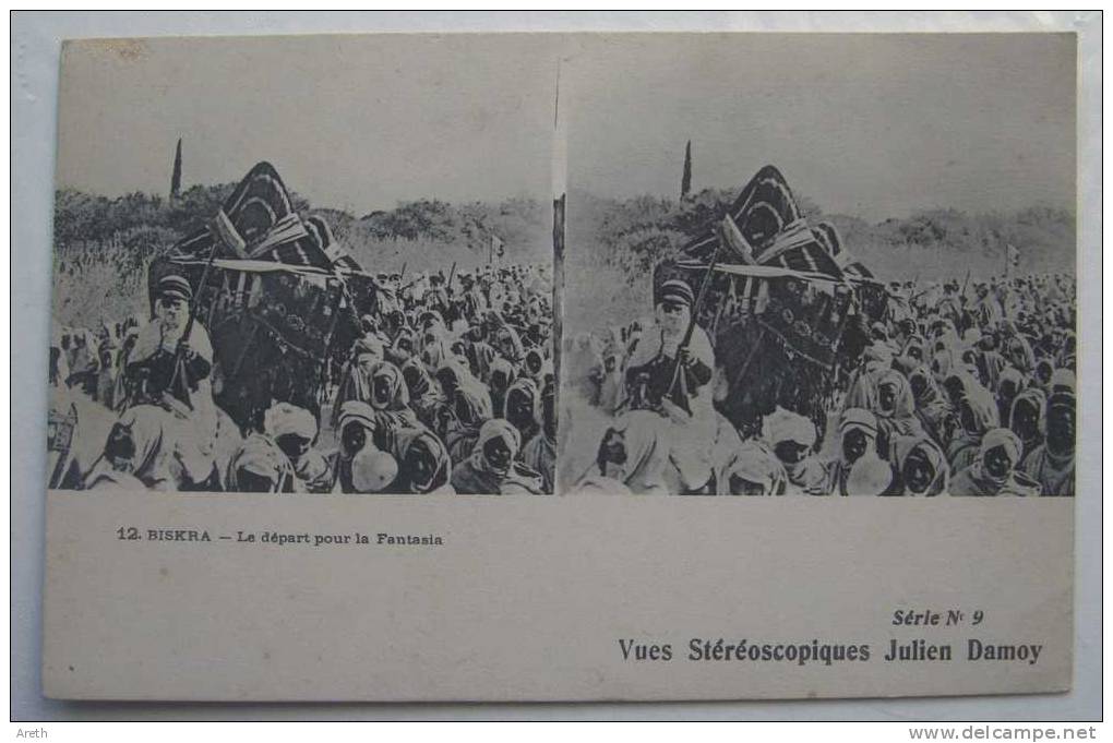 Algérie - BISKRA -Depart Pour La Fantasia - Vue Stéréoscopique Julien Damoy Série N°9 - Recto / Verso - Stereoscope Cards