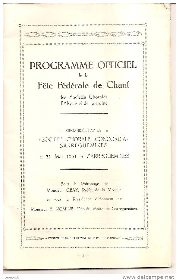 SARREGUEMINES  -  Fascicule De 66 Pages* SOCIETE CHORALE CONCORDIA * Organisatrice De "LA FÊTE FEDERALE  DU 31 MAI 1931" - Lorraine - Vosges