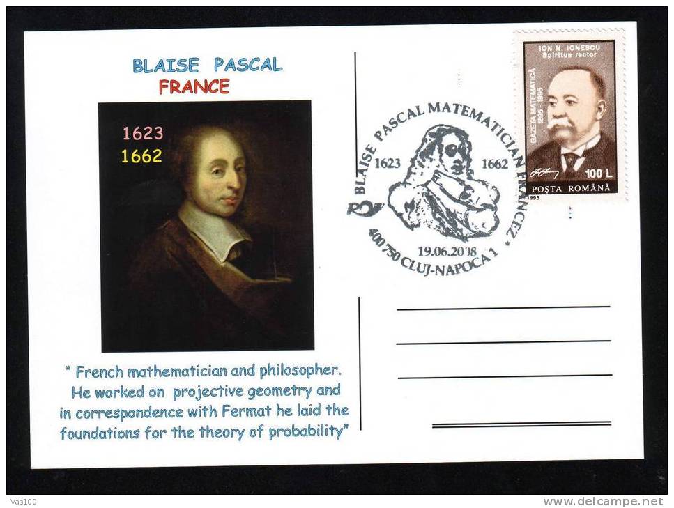 POSTCARD  BALAISE PASCAL FRENCH MATHEMATICIEN AND PHILOSOPHER,PMK 2008.(A) - Informatique