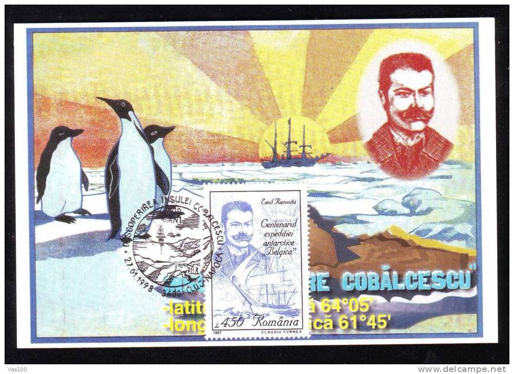 Penguin,RACOVITA,ANTARCTI CA,BELGICA  EXPEDITION, MAXI CARD,1998 ROMANIA . - Penguins