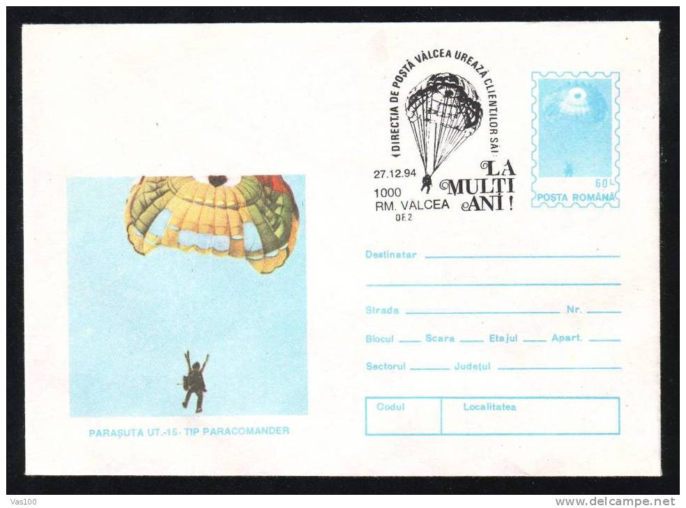 Parachutisme Parachutting, Cover Stationery   PMK 1994 RAMNICU-VALCEA Code;102/93. - Parachutisme