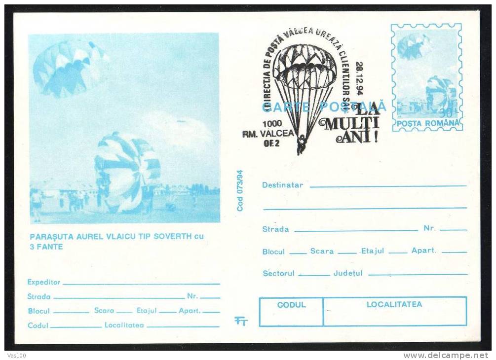 Parachutisme Parachutting, POSTCARD   PMK 1994 RAMNICU-VALCEA Code;73/94. - Paracadutismo