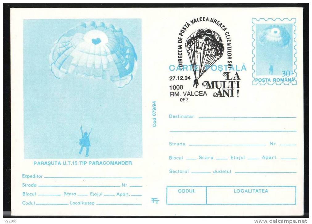 Parachutisme Parachutting, POSTCARD   PMK 1994 RAMNICU-VALCEA Code;79/94. - Paracadutismo