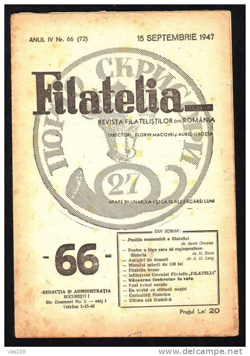 Romania 1947  ,JOURNAL,MAGAZINE; "FILATELIA" Nr.66 - Sonstige & Ohne Zuordnung