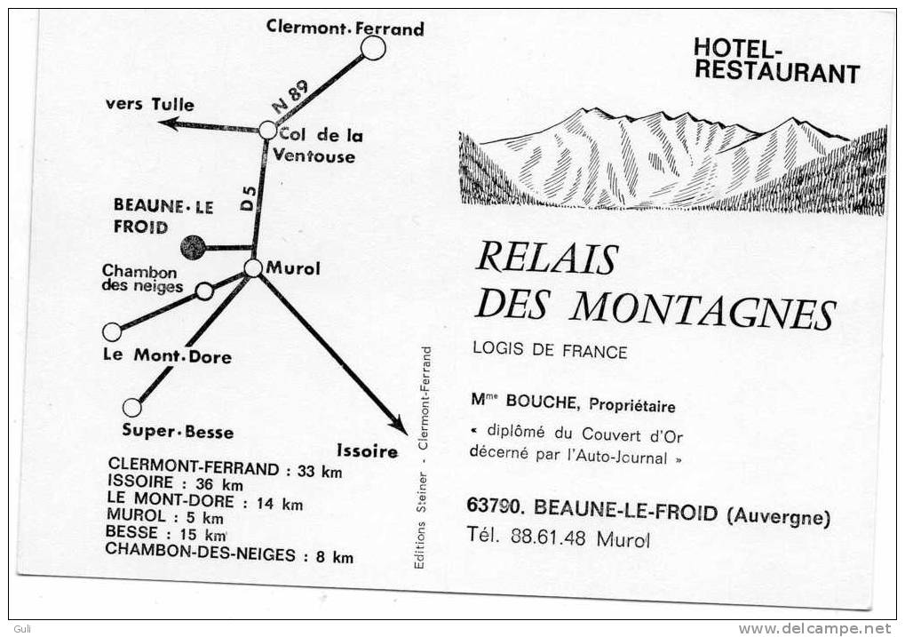 CARTE VISITE - Hôtel Restaurant RELAIS Des MONTAGNES  (1) 63790 BEAUNE Le FROID Mme Bouche Propriétaire*PRIX FIXE - Visiting Cards