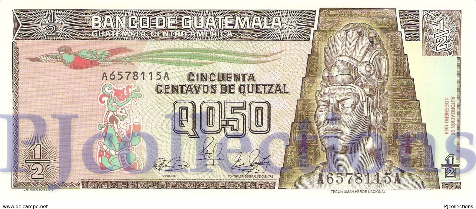 GUATEMALA 1/2 QUETZAL 1989 PICK 72 UNC - Guatemala