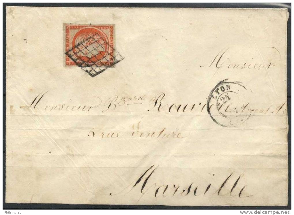 N°5, Cérès 1849, 40c ORANGE Sur Lettre LYON à MARSEILLE - 1850 - Cote +900 € - 1849-1850 Ceres