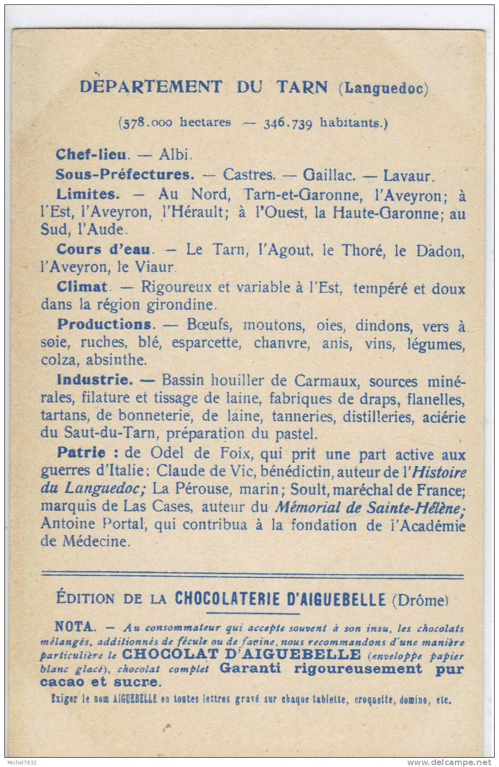 * Les Départements Du Tarn Edition De La Chocolaterie D'Aiguebelle - Aiguebelle