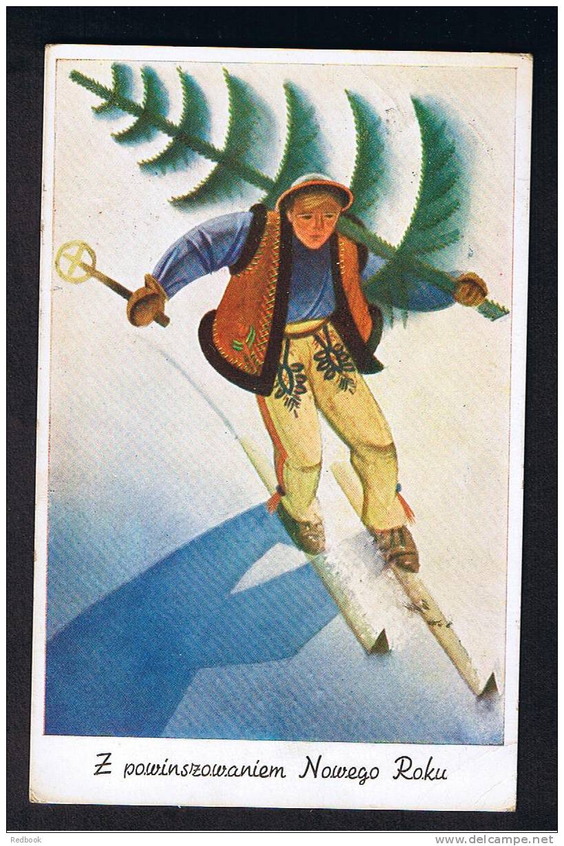RB 661 - 1937 Postcard With Unusual Boxed Cachet Poland To Gosforth - Skiing Theme - Briefe U. Dokumente