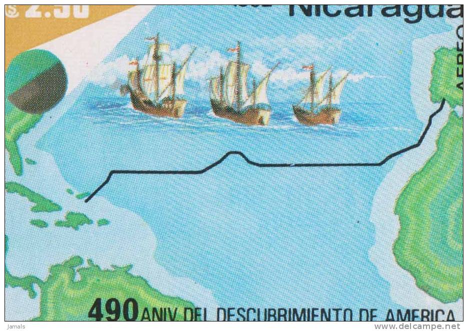 Christopher Columbus, Ship, Map, Discovery Of America, Mint NH, Nicaragua - Cristóbal Colón