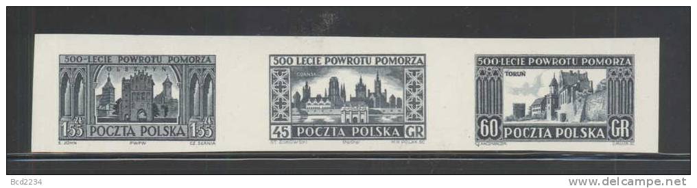 POLAND 1954 POMERANIA SLANIA STRIP OF 3 BLACK PROOFS NHM NO GUM Olsztyn Gdnask Torun Architecture Churches Cathedrals - Neufs