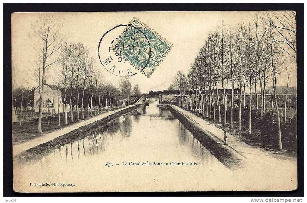 CPA  ANCIENNE- FRANCE- AY (51)- LE CANAL ET LE PONT DU CHEMIN DE FER EN HIVER-  ANIMATION - Ay En Champagne