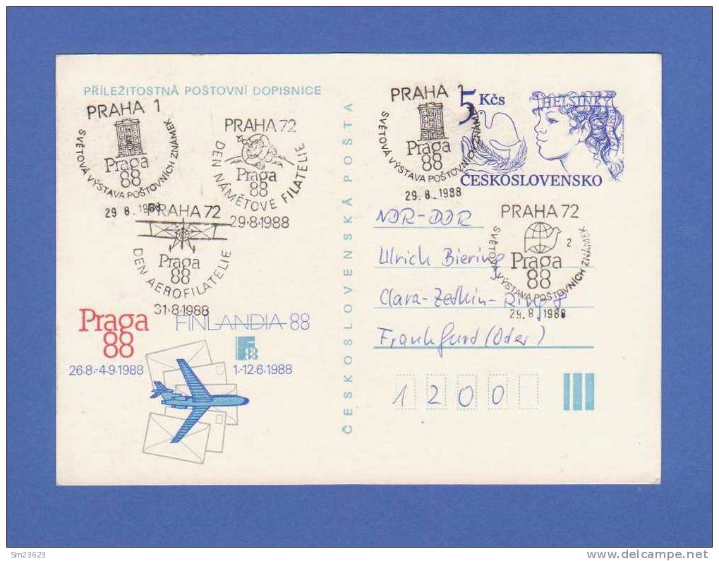 Tschechoslowakei 1988 , (08) Postkarte / Ganzsache - Praga 88 SS - - Postales