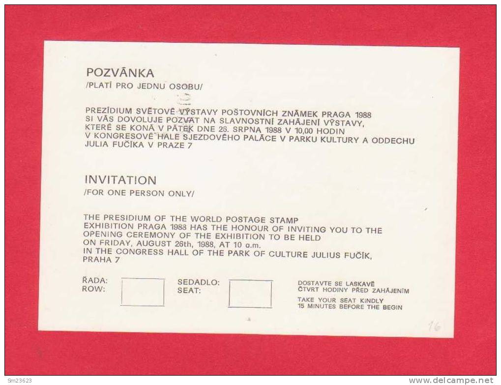 Tschechoslowakei 1988 , (16) Postkarte  - Praga 88 SS - - Cartes Postales