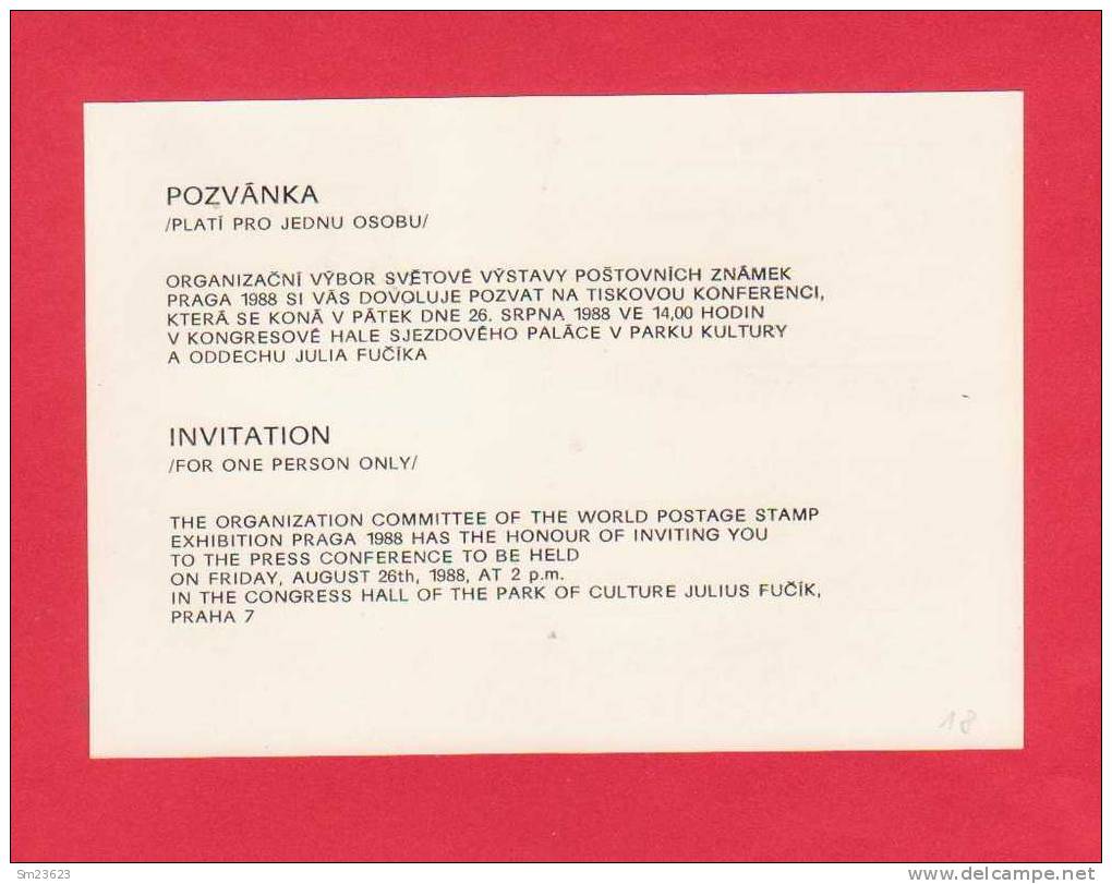 Tschechoslowakei 1988 , (18) Postkarte  - Praga 88 SS - - Ansichtskarten