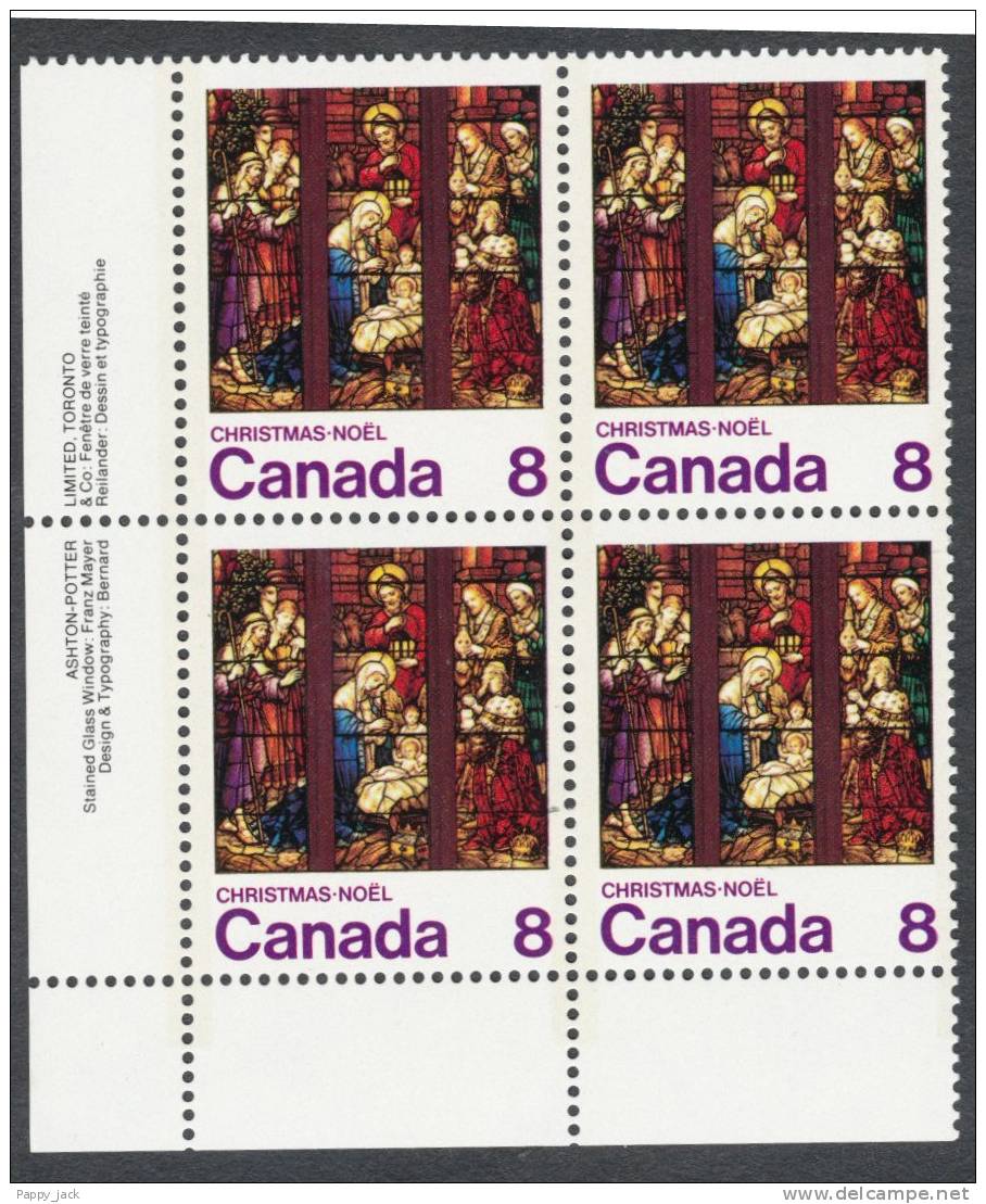 1976 Canada Sc. # 697 Christmas Nativity Stained Glass Window At Church,  Lower Left Inscription Block Of 4 MNH - Hojas Bloque