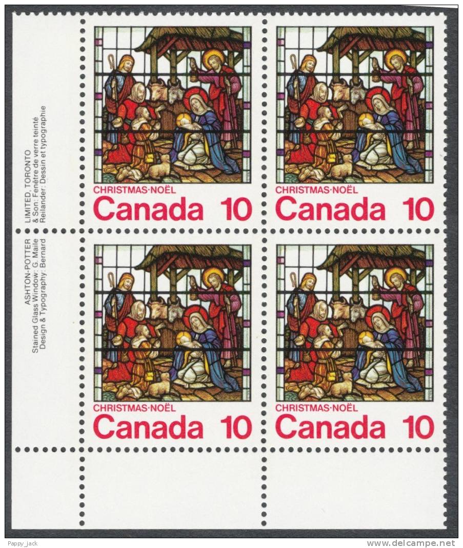 1976 Canada Sc. # 698 Christmas Nativity Stained Glass Window At Church,  Lower Left Inscription Block Of 4 MNH - Hojas Bloque