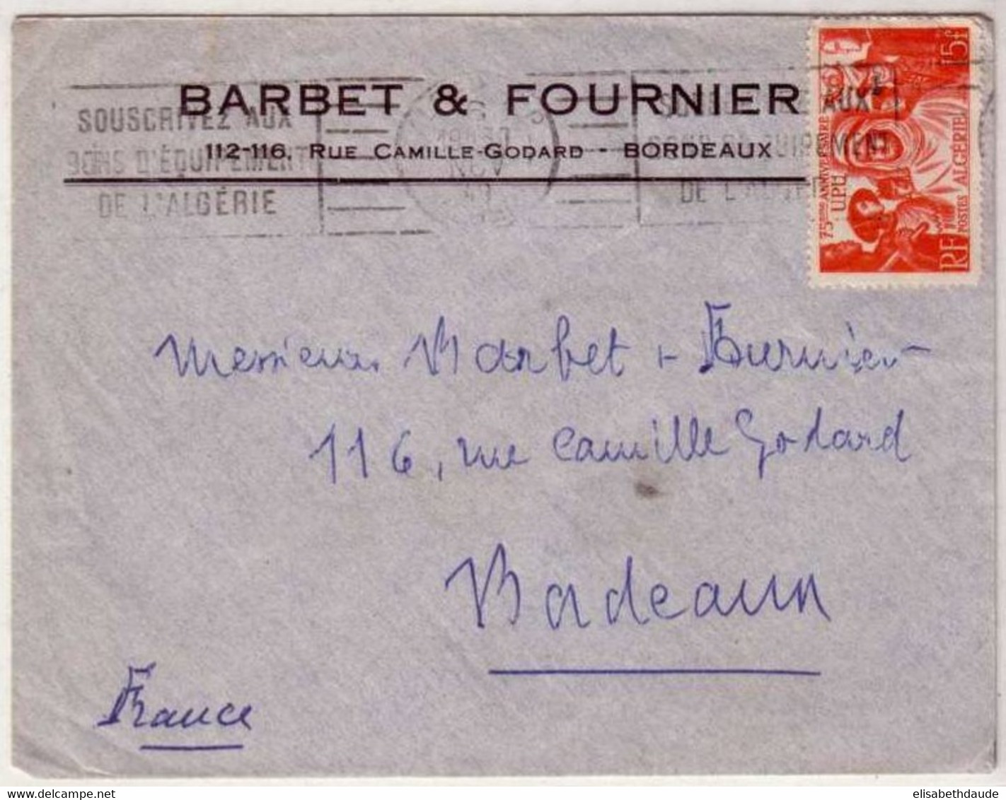 ALGERIE - 1949 - YVERT N°277 (UPU) Seul Sur LETTRE De ALGER RP Pour BORDEAUX - Briefe U. Dokumente