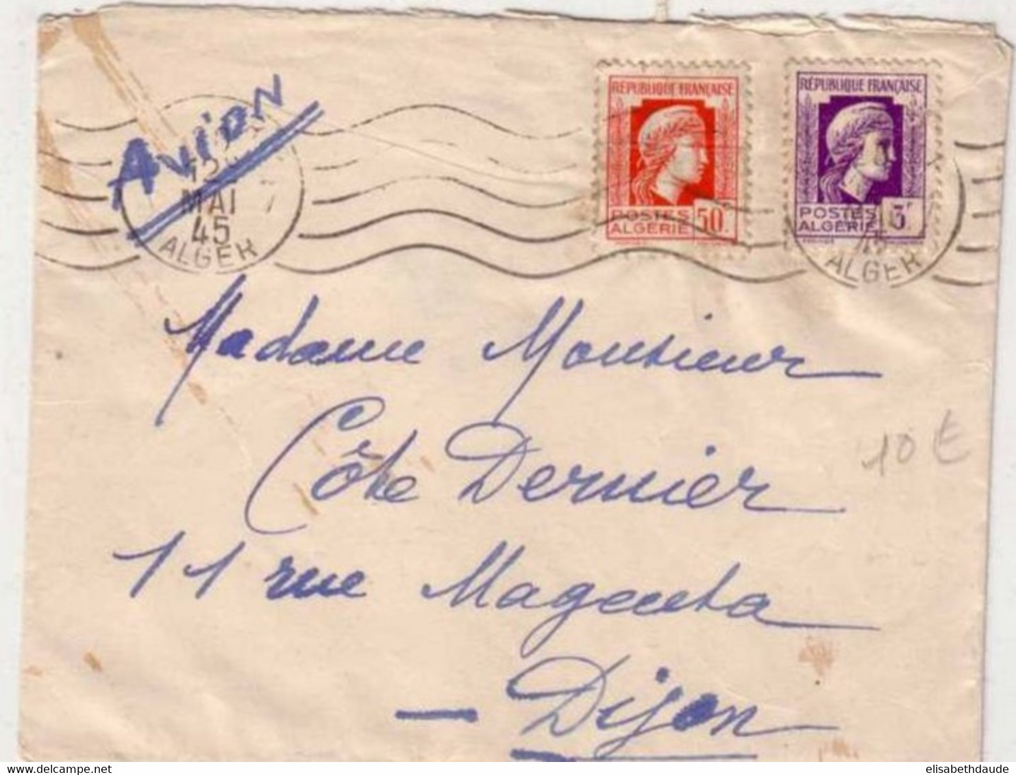 ALGERIE - 1945 - YVERT N°211+216 (MARIANNE D'ALGER) Sur LETTRE PAR AVION De ALGER Pour DIJON - Cartas & Documentos
