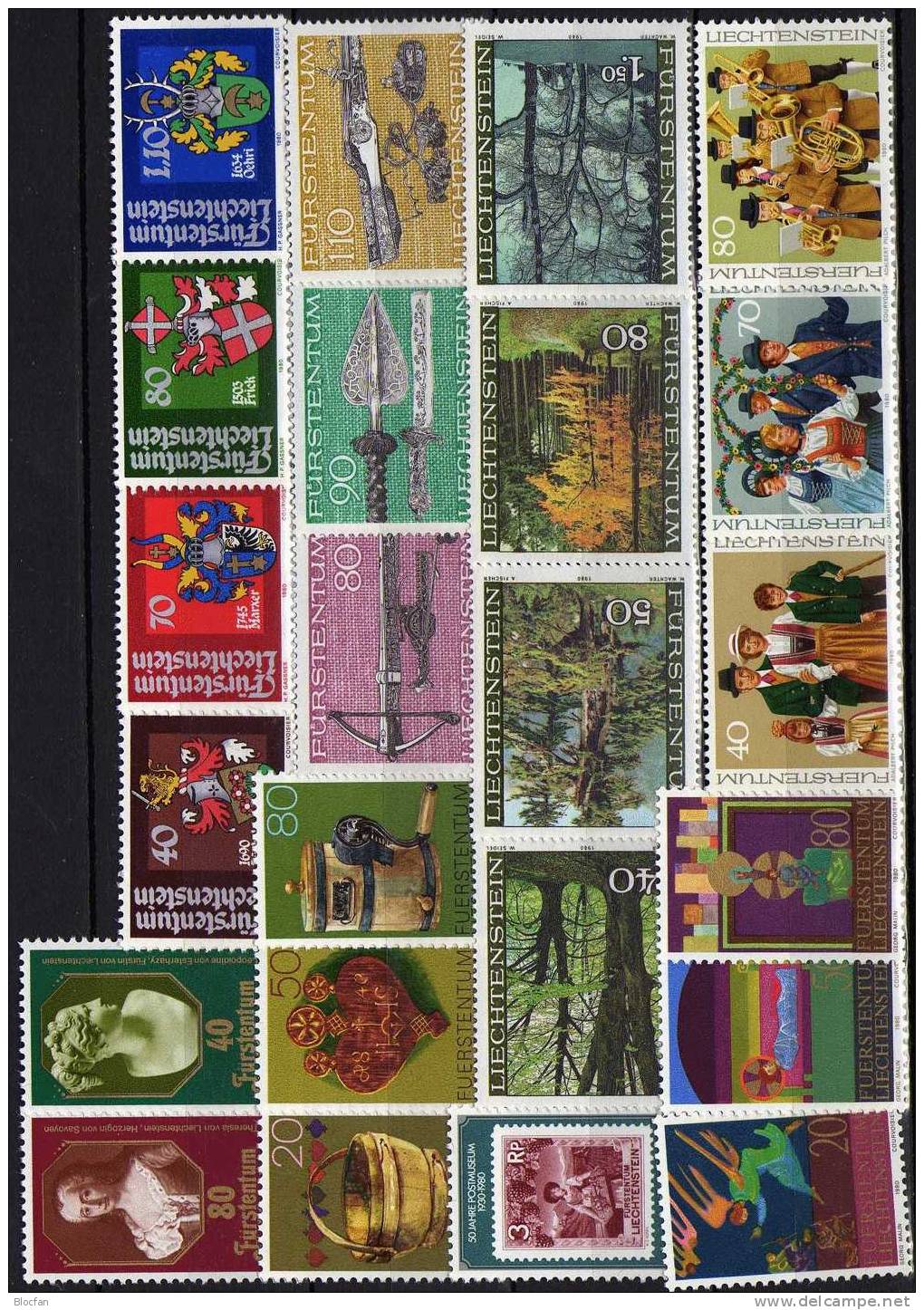 Fürstin Wappen Alpen Post-Museum Jagd-Waffen Trachten Wald Christmas Liechtenstein Jahr 1980 ** 20€ Set From Fürstentum - Années Complètes