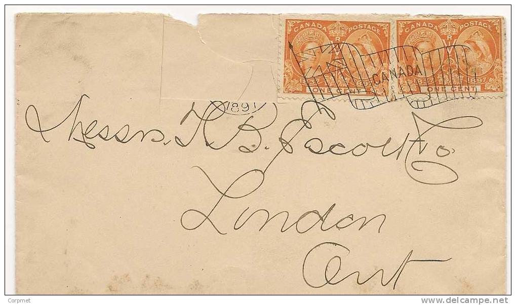 CANADA - 1897 COVER To LONDON, ONTARIO - 60th ANNIV QUEEN VICTORIA -  Yvert # 39 (x2) - Cut Cover With Stamp Missing - Covers & Documents
