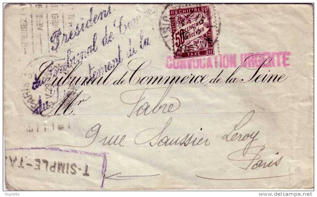 CONVOCATION DU TRIBUNAL DE COMMERCE DE PARIS 23-5-1929 - TAXE SIMPLE 50c - 1859-1959 Storia Postale