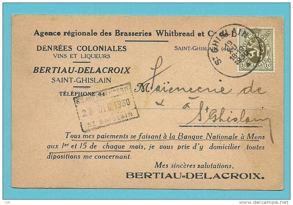 280 Op Drukwerk Met Stempel ST-GHISLAIN Met Hoofding "Agence Regionale Des Brasseries Whitbread " - 1929-1937 Lion Héraldique