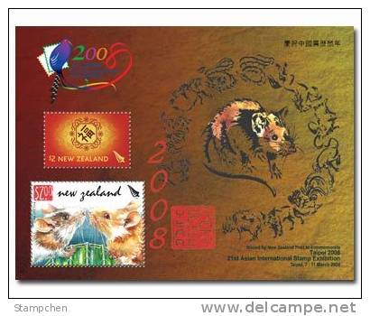 2008  New Zealand Chinese New Year Zodiac Stamp S/s - Rat Mouse Taipei Surcharge - Rodents
