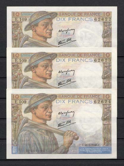 RARE - SUITE DE 5 BILLETS N° 8/16 SPL+ , 10F MINEUR-TYPE 1941 26.9.1946. Satisfait Ou Remboursé - 10 F 1941-1949 ''Mineur''