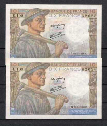 RARE - SUITE DE 5 BILLETS N° 8/16 SPL+ , 10F MINEUR-TYPE 1941 26.9.1946. Satisfait Ou Remboursé - 10 F 1941-1949 ''Mineur''