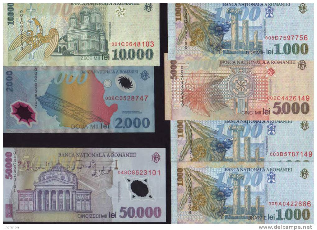 Romania-A Group Of 7 Banknotes1998-2001-UNC -2/scans - Roemenië