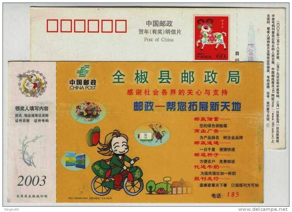 Postwoman Bicycle Cycling,China 2003 Quanjiao Post Office Advertising Postal Stationery Card,some Bends Flaw - Vélo