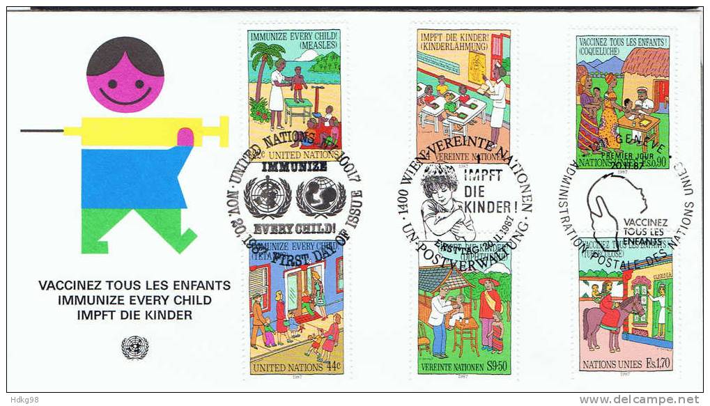 UNG UNW UNY+ 1987 Genf Mi 161-62 New York Mi 542-43 Wien Mi 77-78 FDC Kinderschutzimpfung - Gemeinschaftsausgaben New York/Genf/Wien