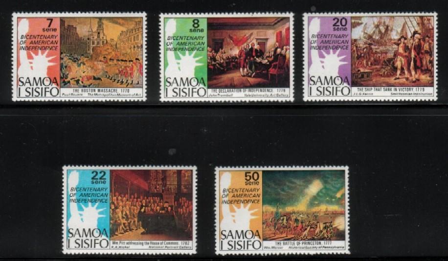 SAMOA 1976 US BICENTENNIAL SET OF 5 + MS NHM Horses Battle Ships Declaration Independence Boston Massacre Statue Liberty - Indépendance USA