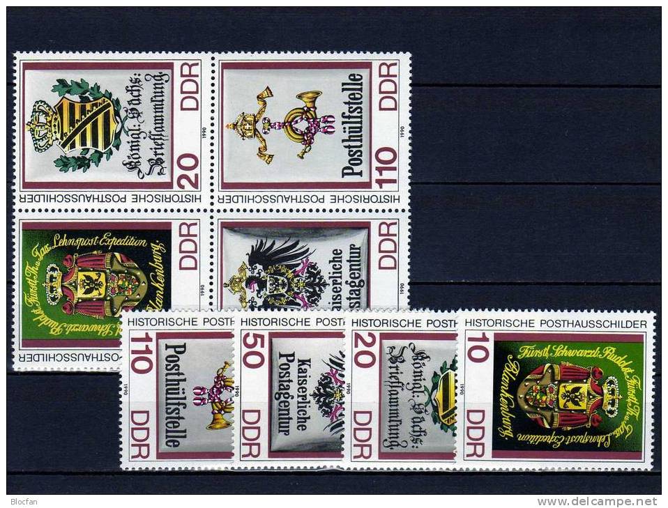 4-Blocks Historische Posthausschilder 1990 DDR 3306/9,VB+ER-VB ** 14€ Post Thurn/Taxis-Agentur Sheets Blocs Germany - Se-Tenant