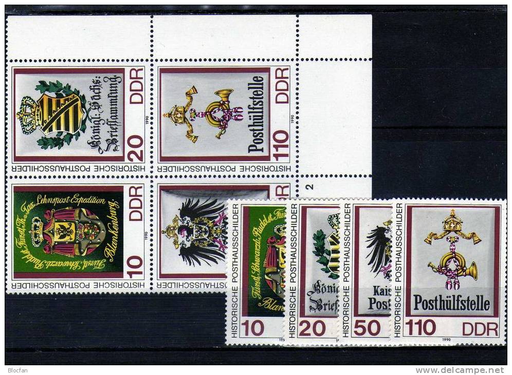 4-Blocks Historische Posthausschilder 1990 DDR 3306/9,VB+ER-VB ** 14€ Post Thurn/Taxis-Agentur Sheets Blocs Germany - Se-Tenant