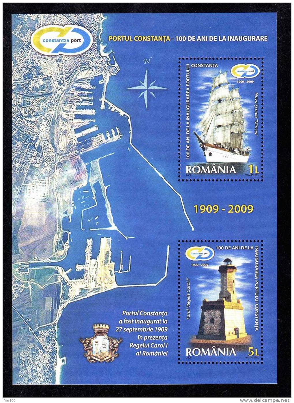 Navigation Lighthouses , Constanta Harbour,1 Block MNH,1909-2009, Phares; King Carol Royalites New 2009 Romania. - Nuevos