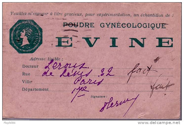 SEMEUSE-N°194 SEUL SUR CARTE POSTALE PUBLICITAIRE LABORATOIRE DE L'EVINE POUDRE GYNECOLOGIQUE. - 1877-1920: Période Semi Moderne