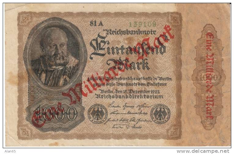 Germany #113a, 1 Million Mark 1923 Banknote Currency, 7th Issue 1923 1 Million Mark Overprint 1 Thousand Mark Note - 1 Mio. Mark