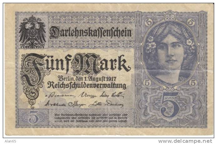 Germany #56b, 5 Mark 1917 Banknote Currency, Darlehnskasseschein Note - 5 Mark