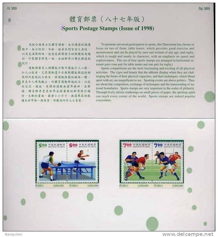 Folder 1998 Sport Stamps Table Tennis Rugby - Tischtennis