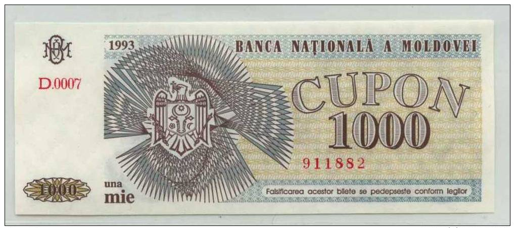 O. MOLDAVIE : 1000 Cupon 1993 (unc) - Moldavie