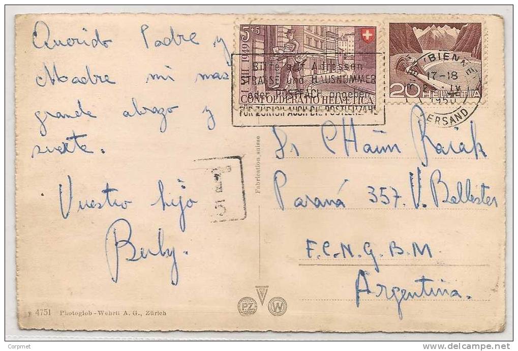 SWITZERLAND - 1950 POSTCARD From VERSAND To ARGENTINA - TAXED 5 -  Tied By Yvert # 477 FETE NATIONAL Surtax + # 485 - Storia Postale