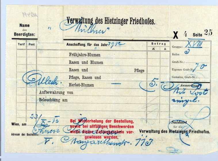 AT 1912 Cemetery Invoice, Hietyiger Friedhof, Wien ... AB411 - Oostenrijk