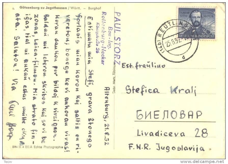 GERMANY - DEUTSCHE - OTTO  GASMOTOR To Yugoslavia - 1952. - Cartas & Documentos